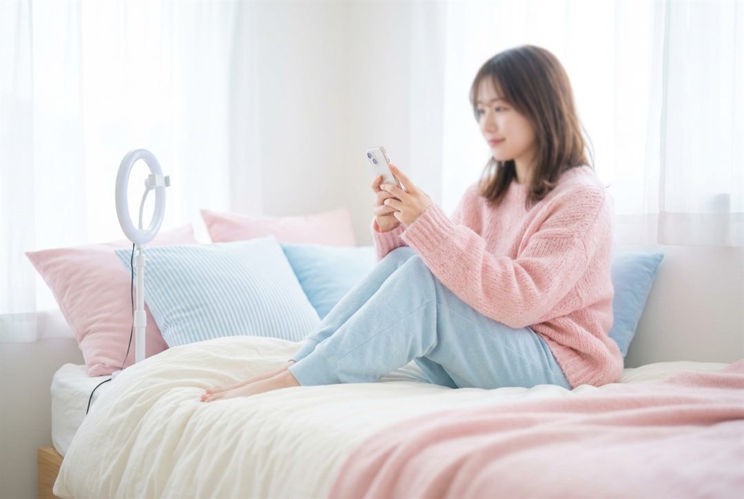 スマホとリングライトで在宅ライブ配信・ライブチャットをする様子